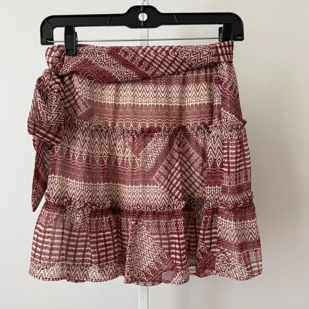 Rebecca Minkoff sz 0 Cheryl Skirt Boho Red Cream Tiered Ruffle‎ Wrap Mini Skirt